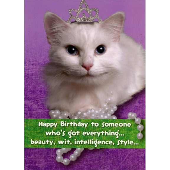Designer Greetings White Cat with Tiara and Pearls Funny : Humorous Friend Birthday Card for Her : Woman : Women