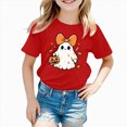 thumbnail image 2 of xaweyi Girls Crew Neck Short Sleeve Tee Halloween Bow Ghost Holding Pumpkin Graphic Youth Holiday T-Shirt, 2 of 7