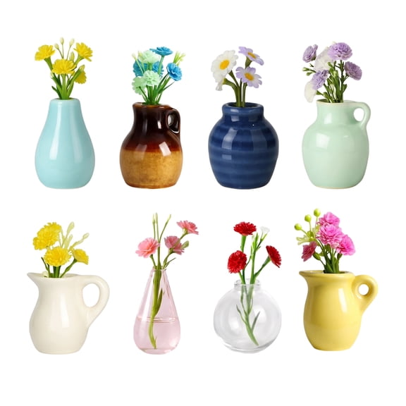 8 Pcs Refrigerator Magnets - Cute Mini Ceramic Vase Fridge Magnets with Artificial Flowers, Funny Tiny Vase Magnet for Fridge Decorative, Office, Kitchen, Locker, Whiteboard