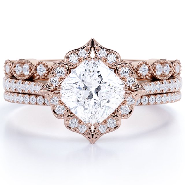 JeenMata Anillo de Bodas de Tres Piezas de Moissanita de Corte Princesa de 1,5 Quilates Engastado en Oro Rosa de 18 K sobre Plata
