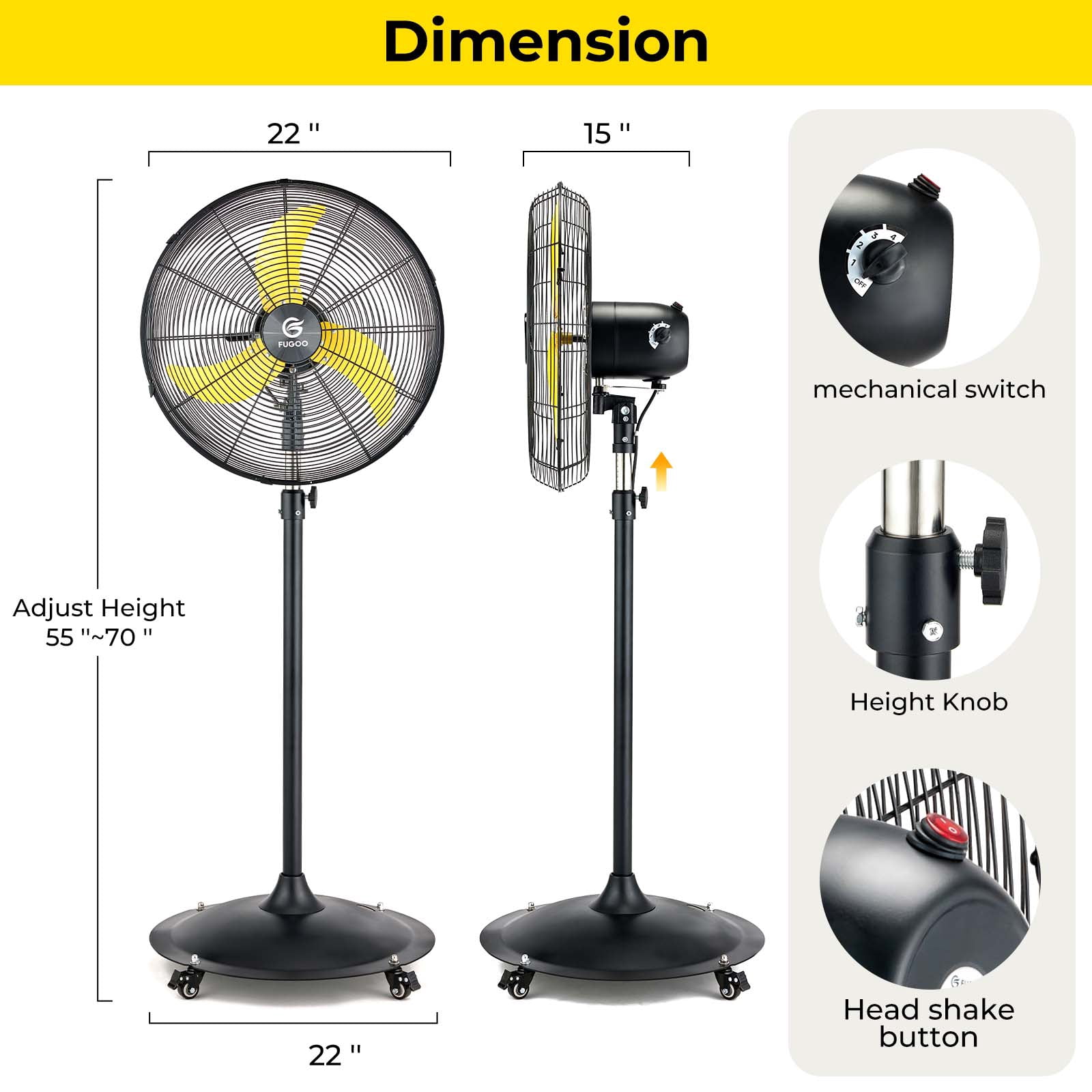 Fugoo 20" Waterproof Pedestal Fan, All Sealed BLDC Motor, 4-Speed, 1200-4000 CFM