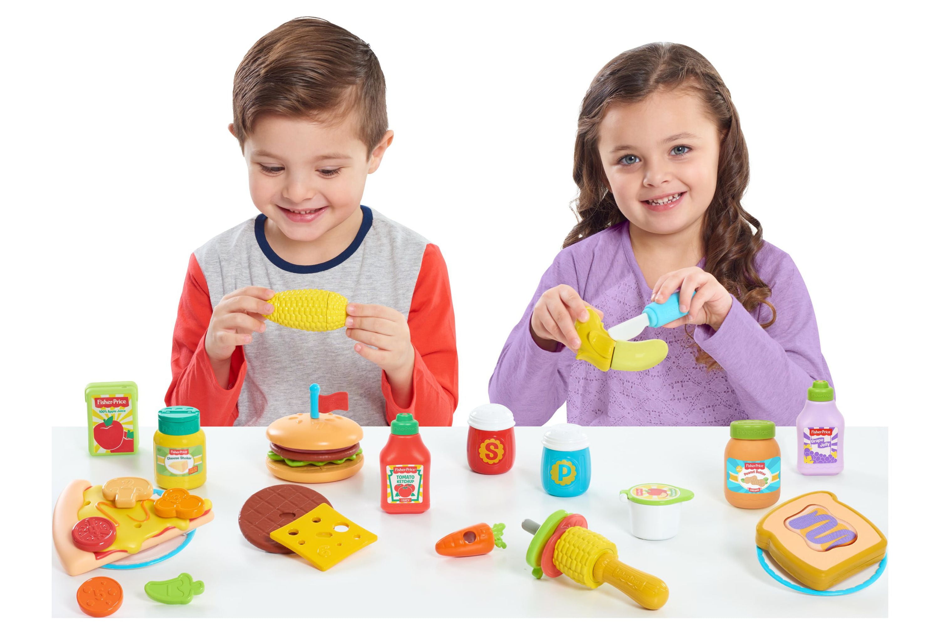 PLAY FOOD FUN PRETEND SNACK PEANUT BUTTER JAR + COOKIE &Fisher Price Knife  BPF3