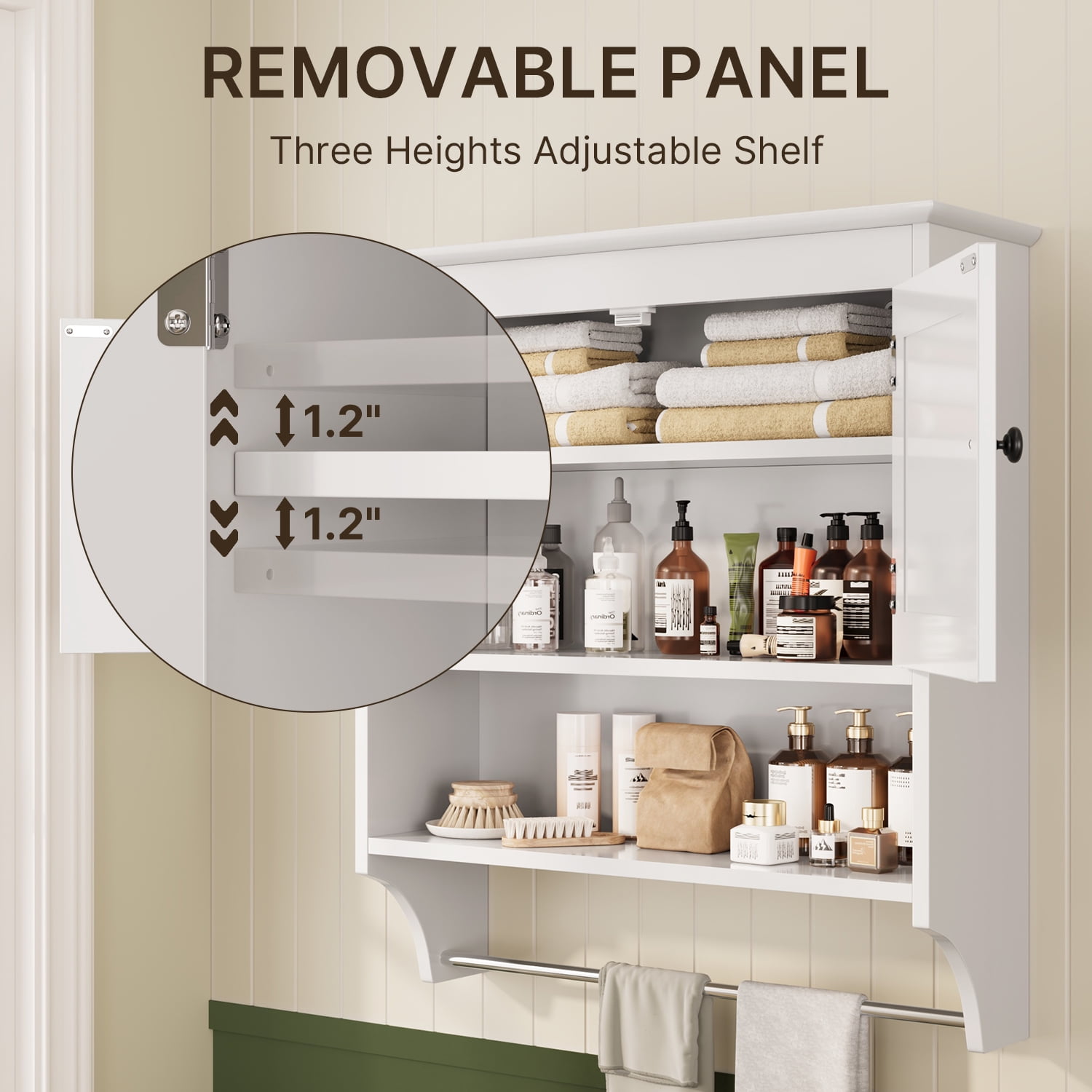 Lofka Bathroom Wall Cabinet, Over the Toilet Storage Cabinet with Double Doors, 1 Adjustable Shelf, 1 Towel Bar, White