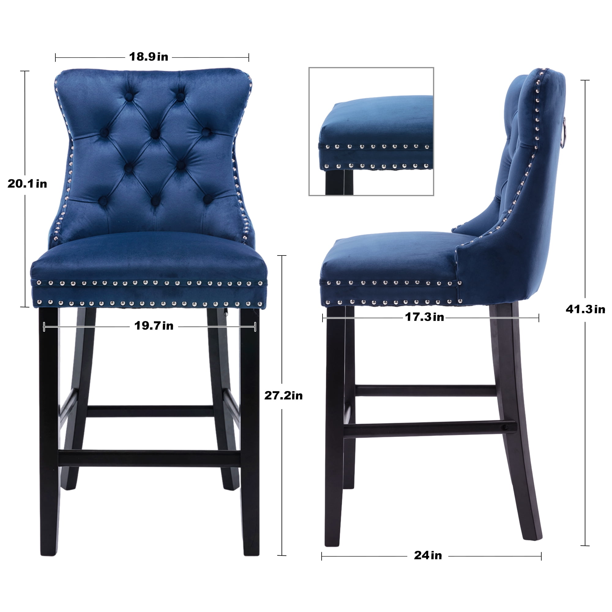 DONICK Velvet Counter Height Bar Stools Set of 6,Button Tufted Back Bar Chair Nailhead Back Pull Tab Wooden Leg(Blue)