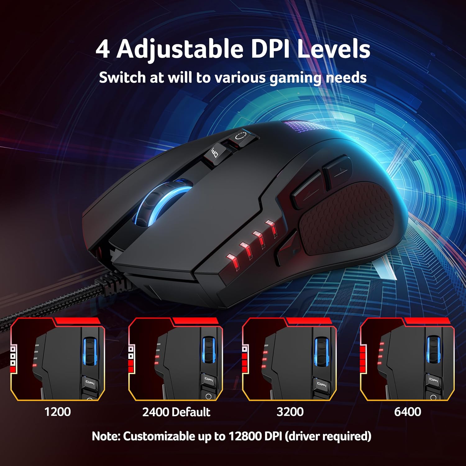 acer Wired Gaming , 12,800 DPI RGB Ergonomic Computer with Optical Sensor, 8 Programmable Buttons, 12 Backlit Modes, Software for DIY Keybinds, Rapid Fire, USB Gaming Mice for Laptop, PC