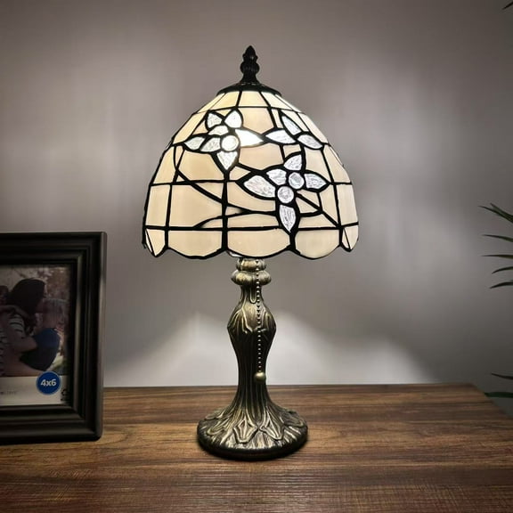 Tiffany Mini Table Lamp White Stained Glass Flowers for Living Room Bedroom Bedside 8" D*8" W*15" H