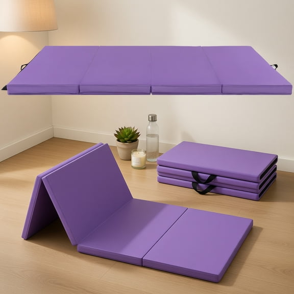 Resenkos Gymnastics Mat, Exercise Tumbling Mat,Folding Gymnastics Mat with Carry Handles and Sweatproof Detachable PU Leather Cover-Purple