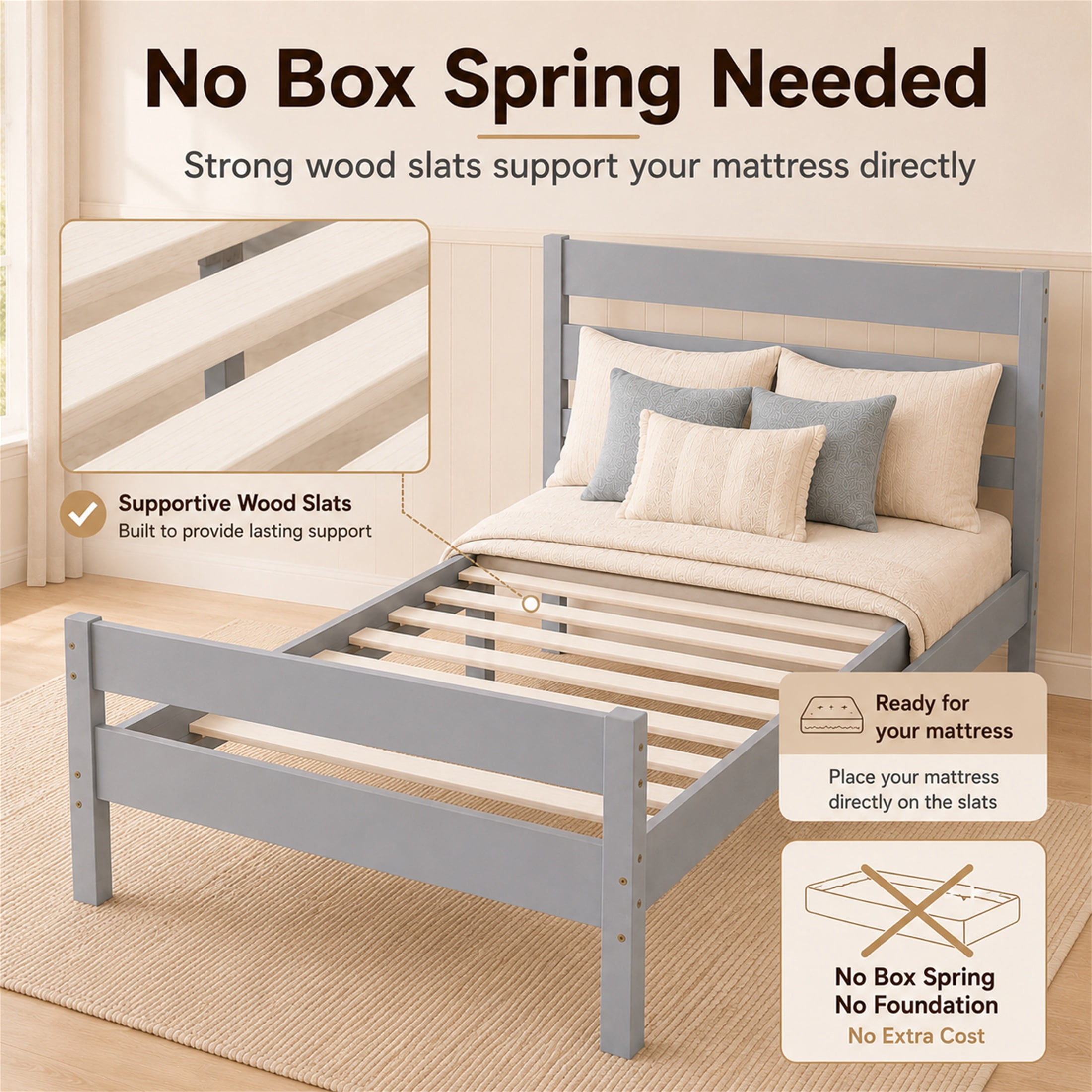 SESSLIFE Twin Bed Frame, Solid Wood Twin Platform Bed Frame with Headboard & Footboard, No Box Spring Needed with 250LBS, Easy Assembly, Grey