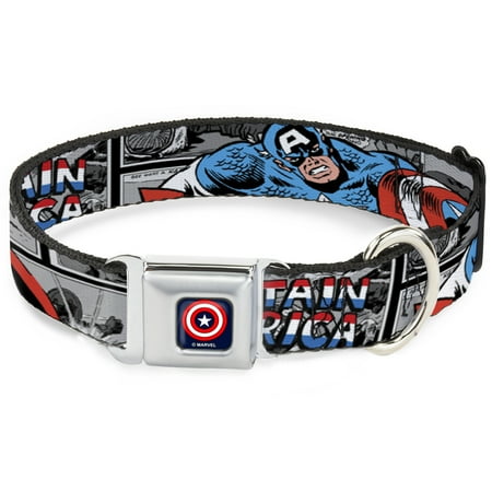 Marvel Comics Pet Collar Dog Collar Metal Seatbelt Buckle Captain America 2 Poses Comic Blocks Grays Red White Blue 16 to 23 Inches 1.5 Inch Wide