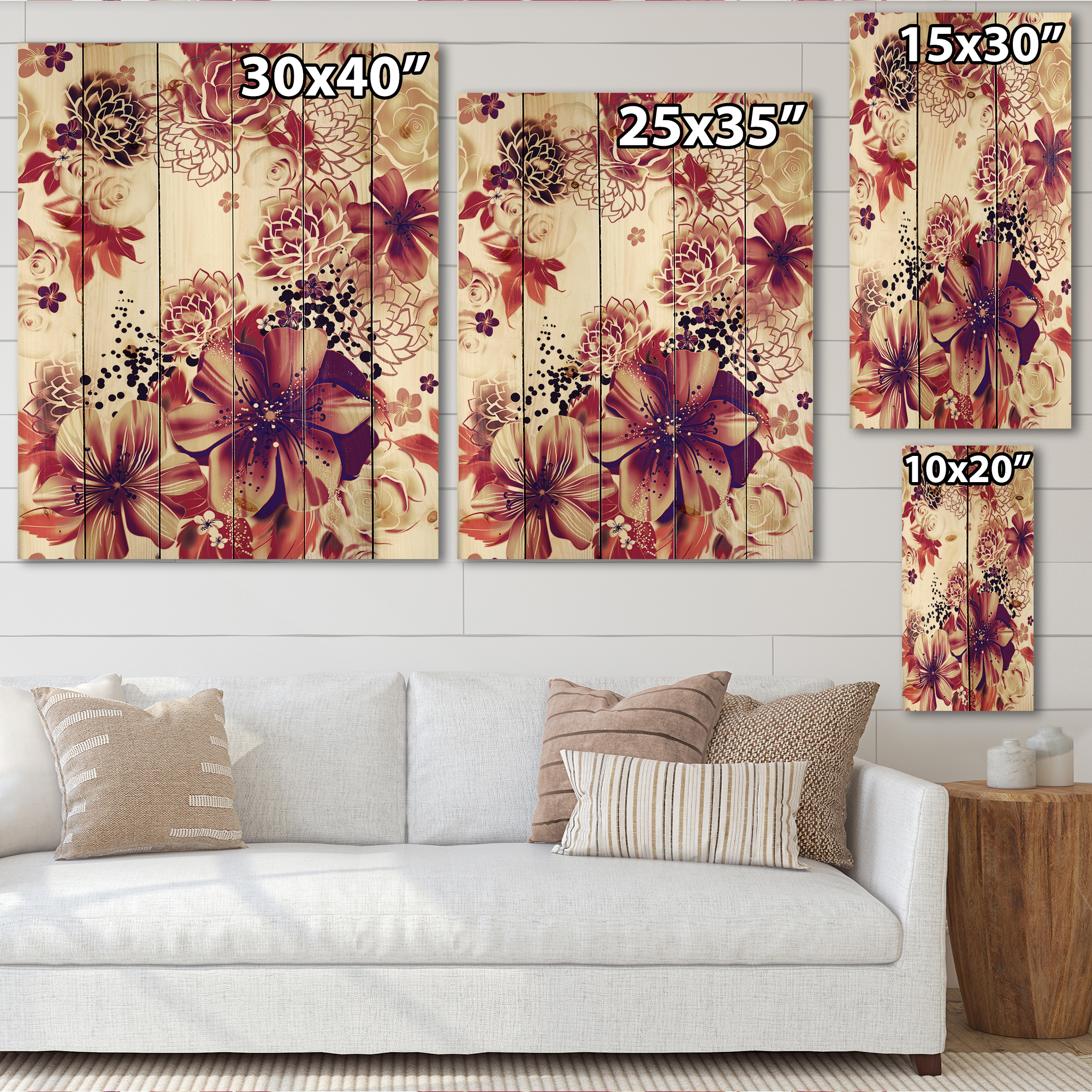Designart 'Yellow and Pink Flowers Retro' Traditional Print on Natural Pine Wood