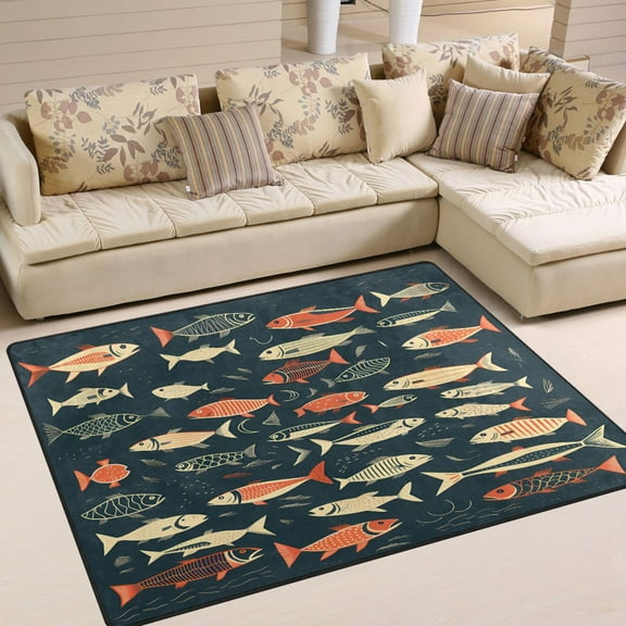 Fish Cartoon Area Rug Washable 80 x 58 Floor Carpet Mat Non Slip for Bedroom Living Room Home Decor