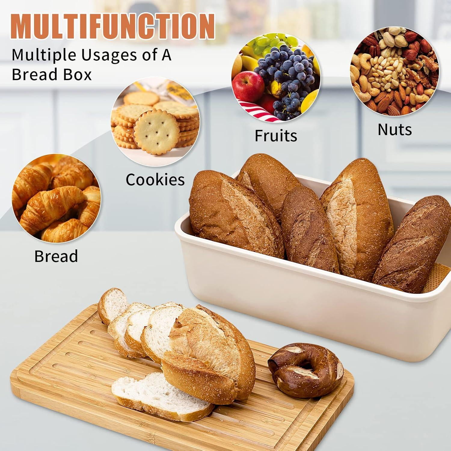 Bread Box With Bamboo Wood Cutting Board Lid & Bread Slicer Holder, Rectangular Cream Color Bread Container For Kitchen Countertop, 14.8 x 8.4 x 5.3in, Bread Storage Container