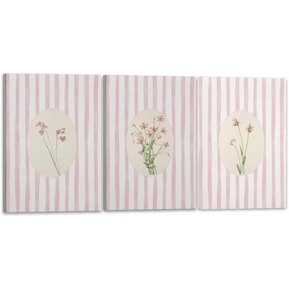 Pink Striped Floral Wall Art Set of 3 Rustic Farmhouse Botanical Canvas Prints Vintage Cottagecore Flower Poster for Girls Room Bedroom Bathroom Nursery Aesthetic Wall Decor