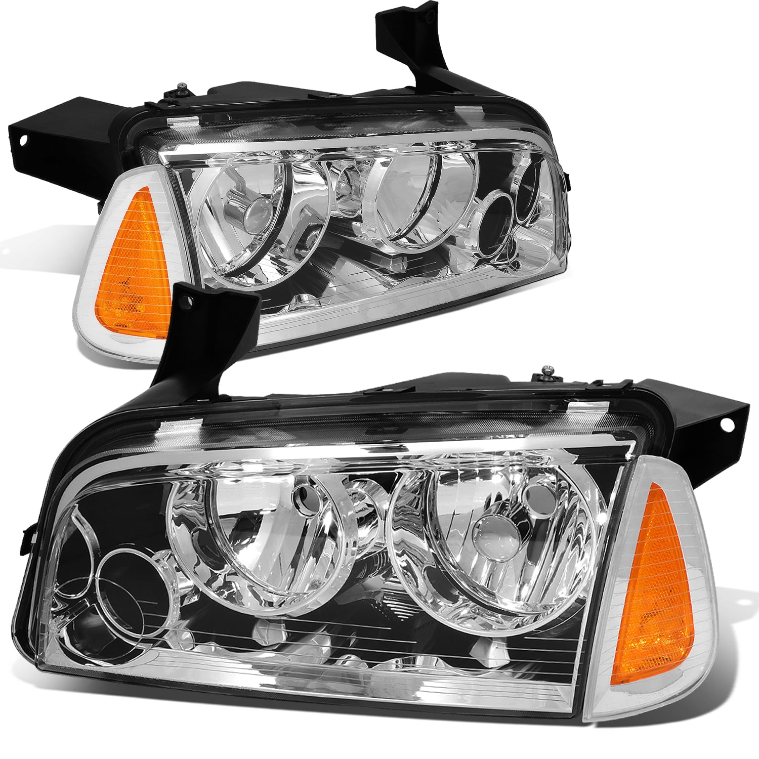 DNA Motoring HL-OH-CHA05-4P-BK-CL1 Black Housing Headlights Replacement For 06-10 Charger 
