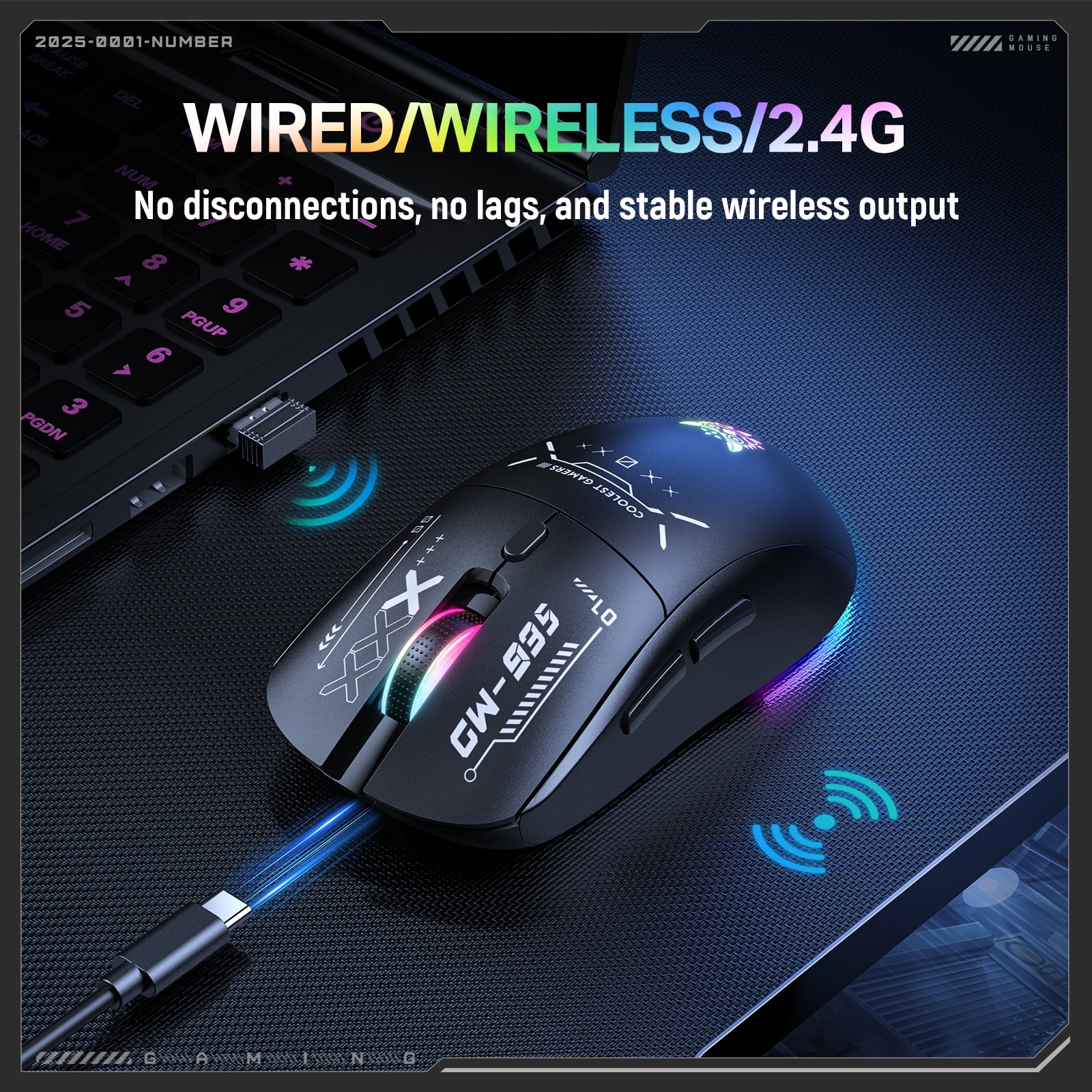Siivton Wireless Gaming Mouse,  2.4G/Bluetooth 5.3/Wired, 12800 DPI Adjustable, 8 Programmable Buttons, 500mAh Battery, RGB Lighting for PC, Laptop, Mac, PS4/PS5