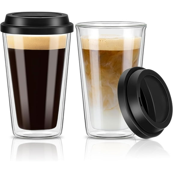 2 Pack Double Walled Insulated Coffee Mugs with Silicone Lids, 12 OZ Reusable Cups, Cappuccino, Tea, Latte, Iced Travel Mugs, Heat Resistant