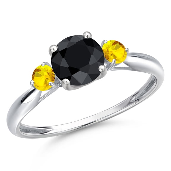 Gem Stone King 10K White Gold Black Sapphire and Yellow Sapphire 3-Stone Ring for Women | 1.42 Cttw | Round 6MM | Gemstone September Birthstone | Size 8