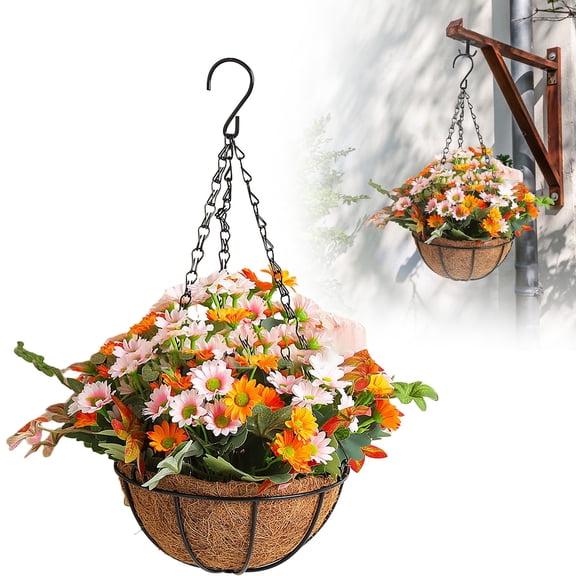 Artificial Outdoor Flowers with Hanging Basket, Hanging Planters with 12 Pcs Flowers for Spring Summer Front Porch Garden Patio Home Decor
