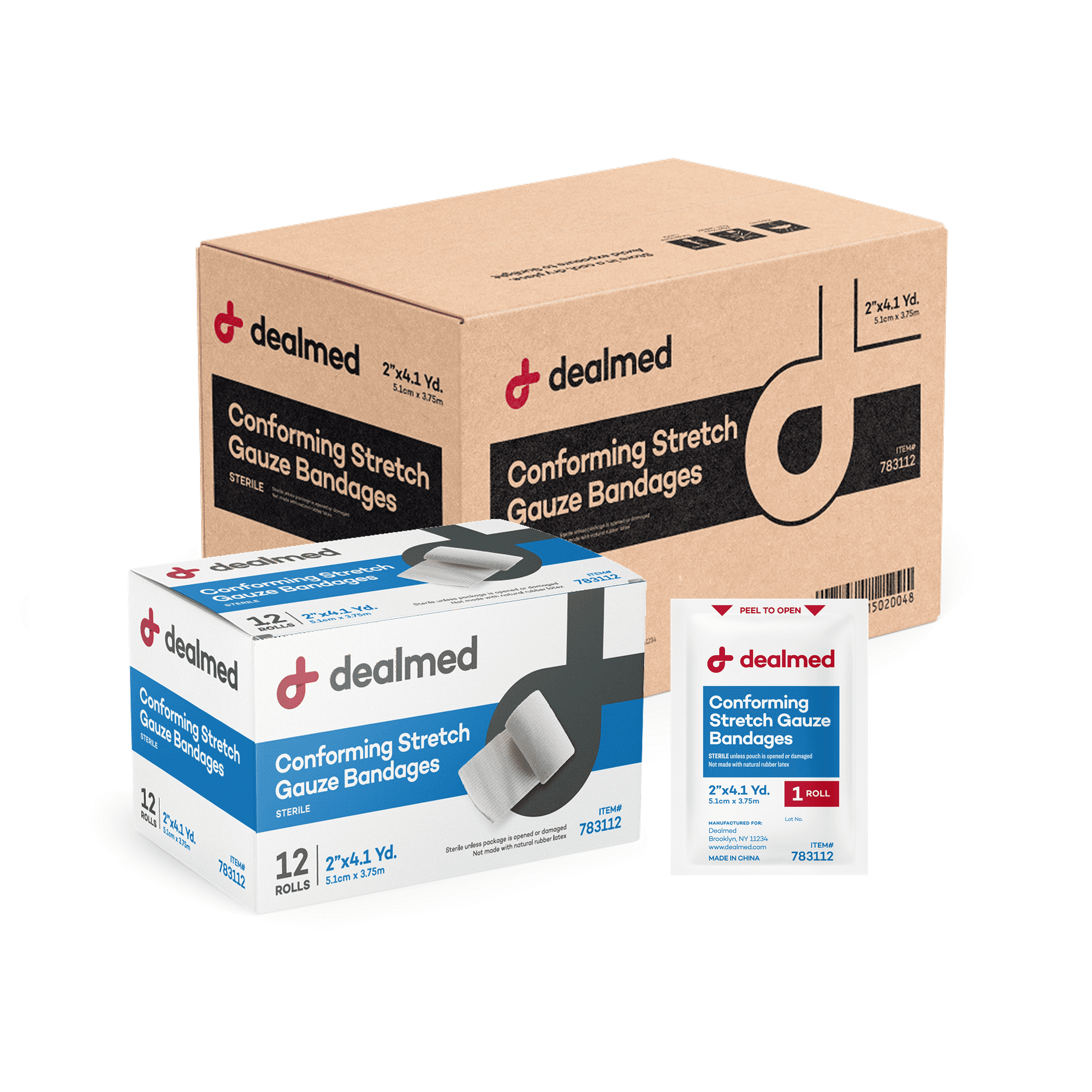 Dealmed 2" Sterile Conforming Stretch Gauze Bandages, 4.1 Yards Stretched Gauze Rolls, Wound Care Product, Case of 96