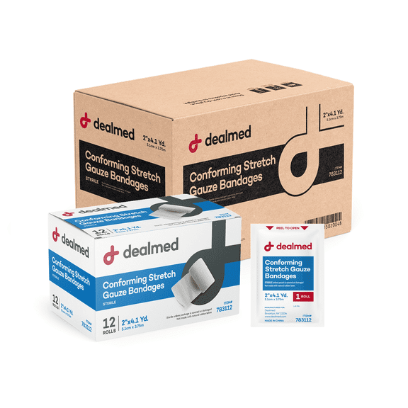 Dealmed 2" Sterile Conforming Stretch Gauze Bandages, 4.1 Yards Stretched Gauze Rolls, Wound Care Product, Case of 96