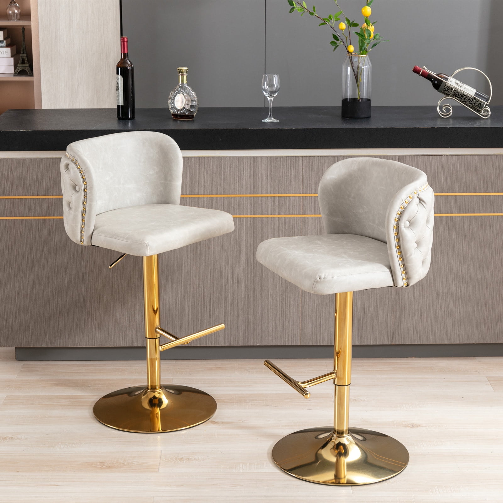 DONICK Swivel Counter Height Barstools,Upholstered Bar Stools Adjustable Height Nailhead Button Tufted Kitchen Island (PU,Beige,Set of 2)