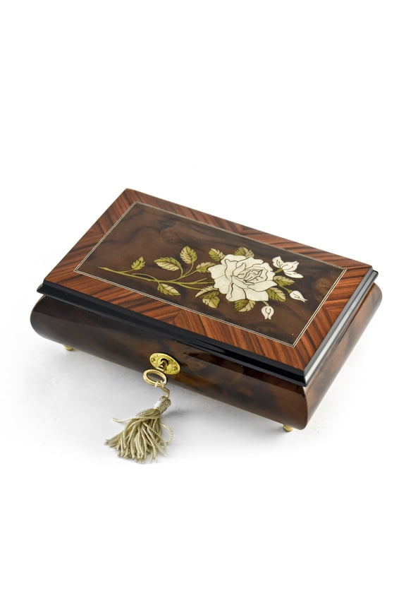 Exquisite 30 Note Single Stem White Rose Musical Jewelry Box - Scarsborough Fair