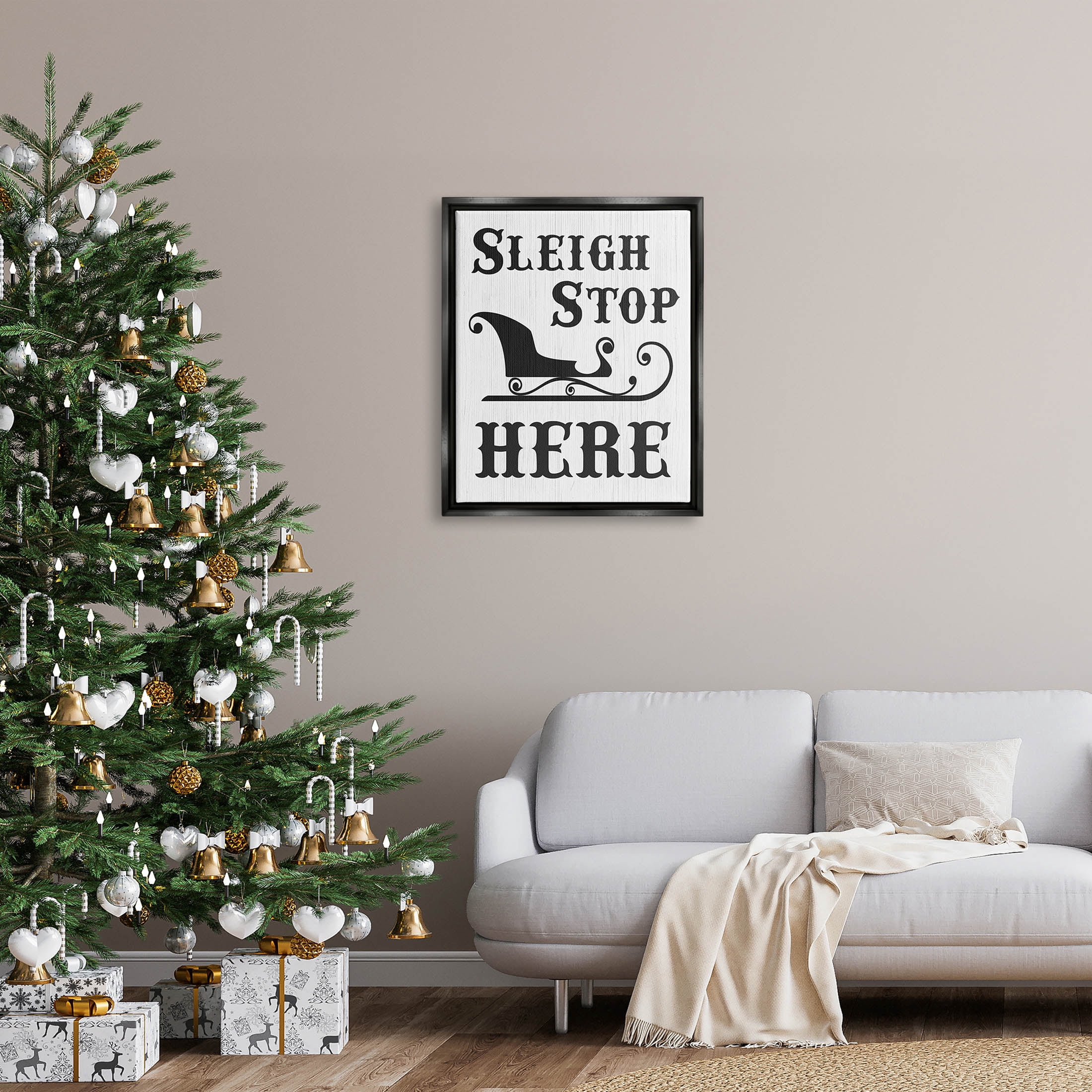 Sleigh Stop Here Holiday Sled Holiday Graphic Art Jet Black Framed Art Print Wall Art