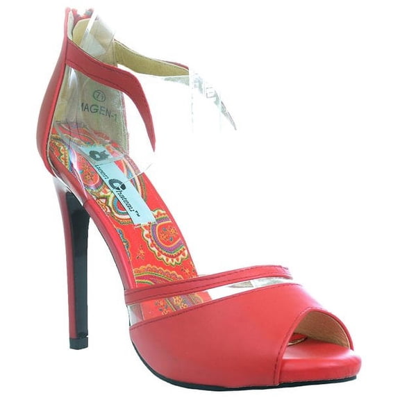Red Pointed Toe Clear Design Ankle Strap Stiletto Heel Pumps - 7
