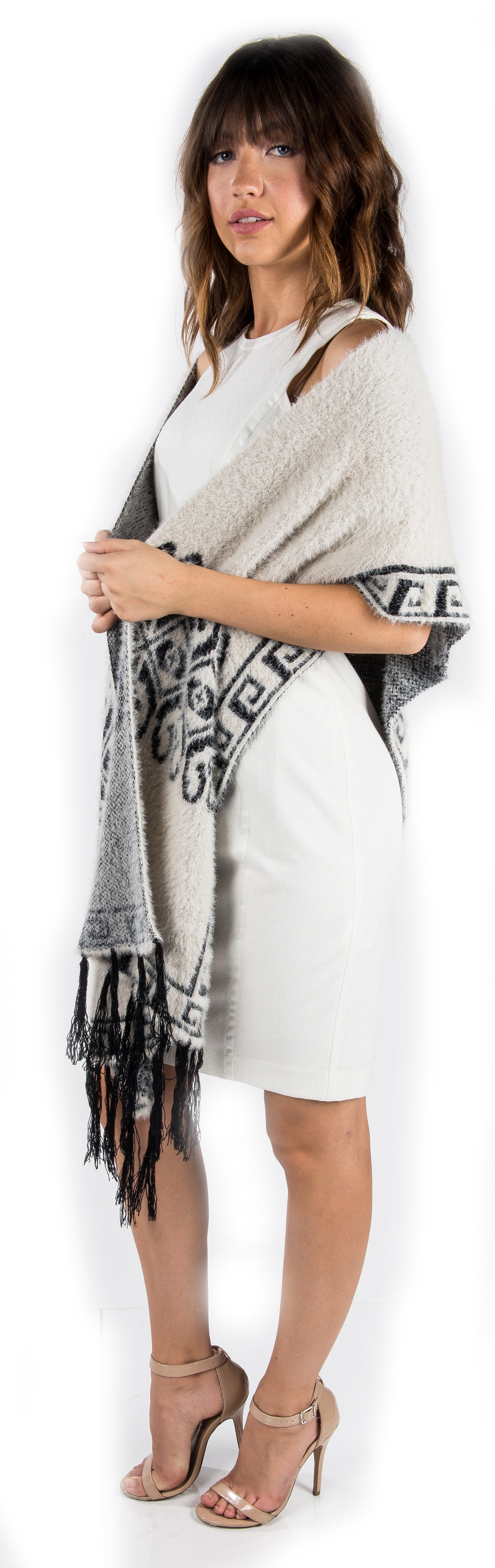 Women's Winter Knit Mayan Pattern Fringe Knit Poncho