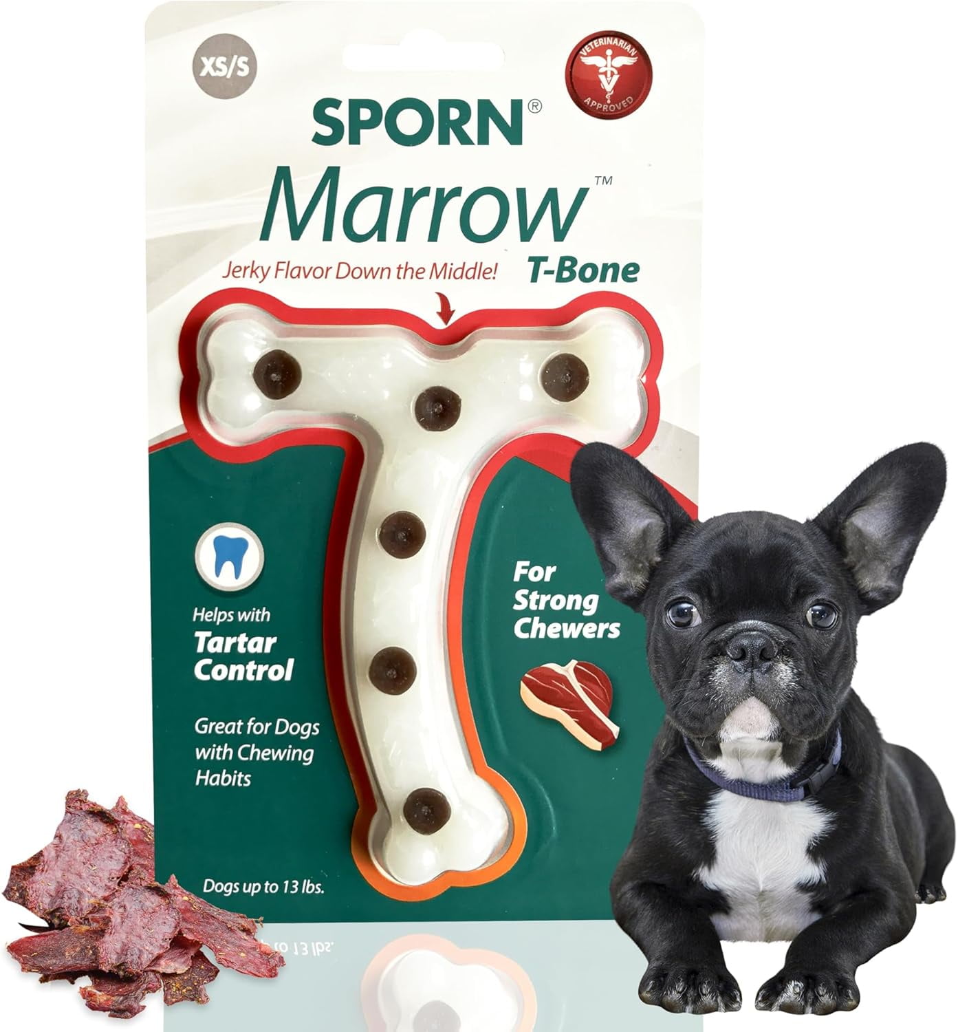 Sporn Durable T-Bone Marrow Dog Chew Bones for Aggressive Chewers, Jerky Flavor Dog Chew Toys for Small Dogs, Made with Tough Nylon Dog Dental Chew Toy, Gluten-Free & Non-Toxic, XS/SM, Small