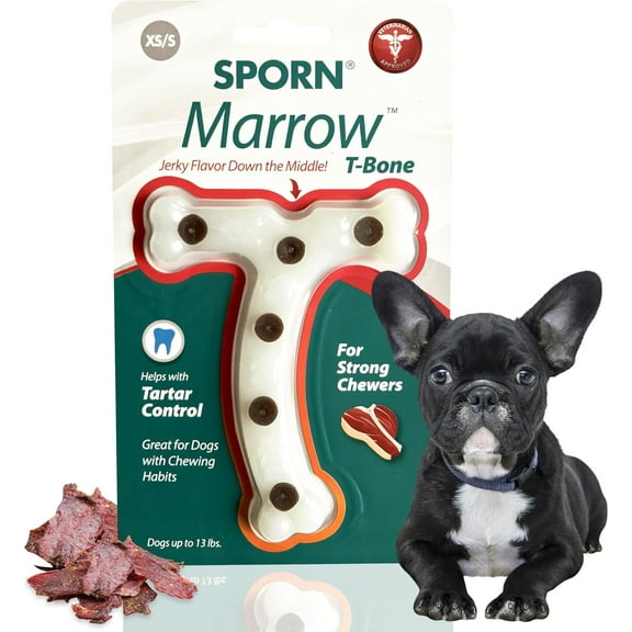 Sporn Durable T-Bone Marrow Dog Chew Bones for Aggressive Chewers, Jerky Flavor Dog Chew Toys for Small Dogs, Made with Tough Nylon Dog Dental Chew Toy, Gluten-Free & Non-Toxic, XS/SM