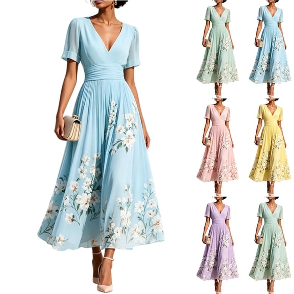 KLHDSF Dresses For Women Deep V-Neck Short Sleeve Fit And Flare Causal Floral Summer Dress Light Purple L
