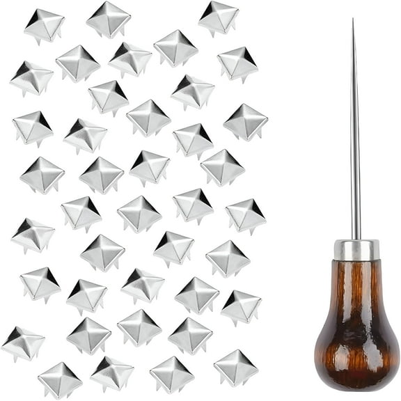 DESIGNICE 500 Pieces 10 mm Square Pyramid Studs for Clothing Bag Leather Shoes Punk Rock Jewelry Craft,4 Prong Metal Nailhead Studs Spikes Accessories with Awl (Silver)