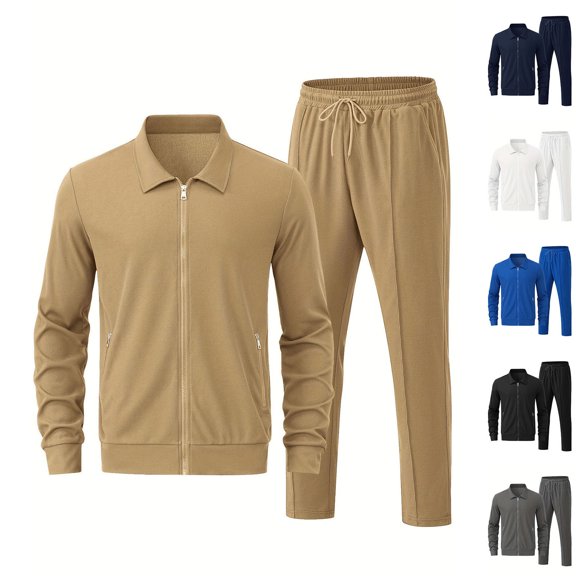 HBGVBA Men's Tracksuit Set,2 Piece Casual Outfit Set,Collared Full Zip Long Sleeve Top Drawstring Elastic Waist Pants Daily Workout Outfit