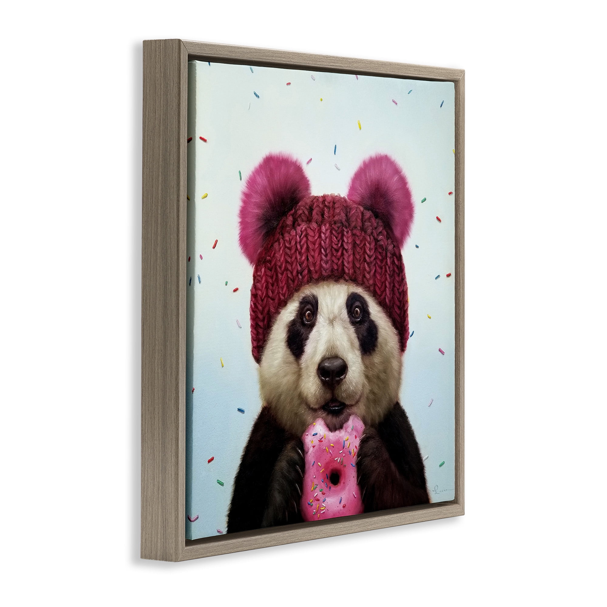 Stupell Industries Happy Panda Bear with Donut Animals & Insects Painting Brown Floater Framed Canvas Art Print Wall Art, 25 x 25