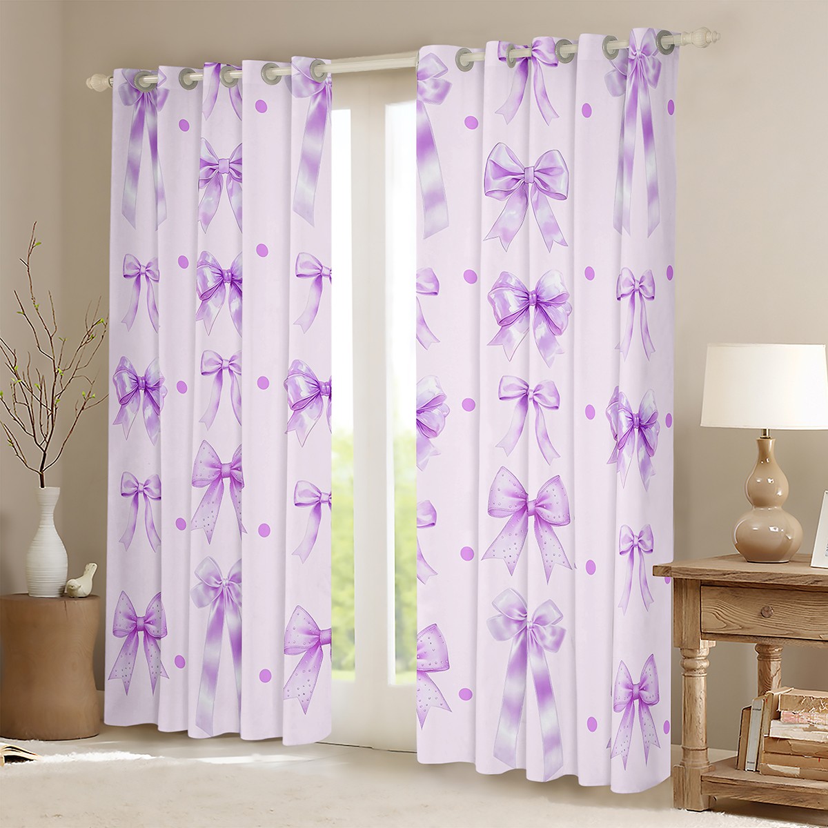 Manfei Lovely Girls Bowknot Blackout Curtains Set of 2 (52x84 Each),Cartoon Bow Tie Window Curtains,Purple Polka Dot Curtains and Drapes For Kids,Luxury Bedroom Decor