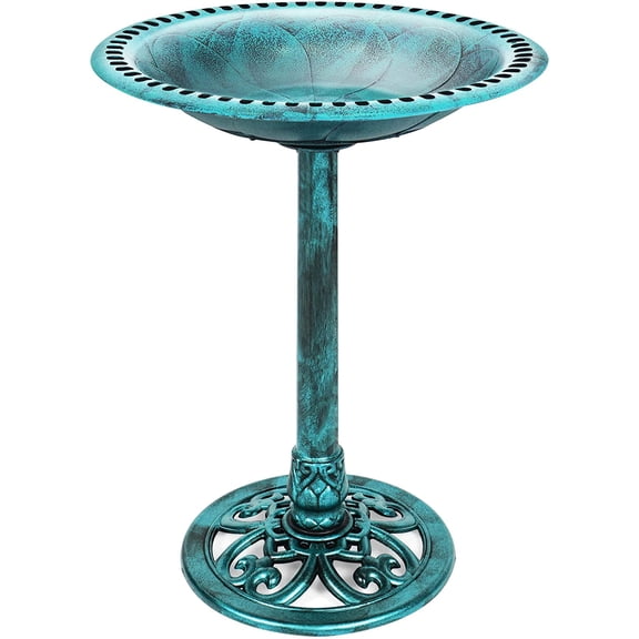 HJTER 28in Pedestal Bird Bath, Vintage Outdoor Resin Accent Decoration w/Fleur-de-Lis Accents - Green