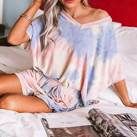 

Summer Sleepwear Pullover Short Sleeve V Neck Women Pajamas Set Shirt Shorts