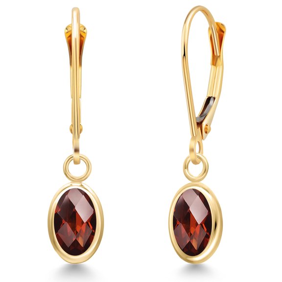 Gem Stone King 14K Yellow Gold Red Garnet Dangle Earrings for Women | 2.00 Cttw | Gemstone January Birthstone | Oval Checkerboard 7X5MM