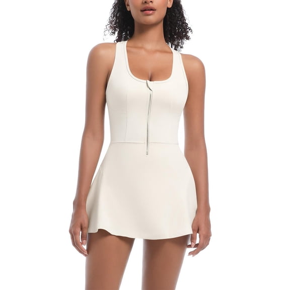 Tennis Dresses for Women Sleeveless Crew Neck Zipper Dress with Built in Shorts U Back Workout Athletic Dress