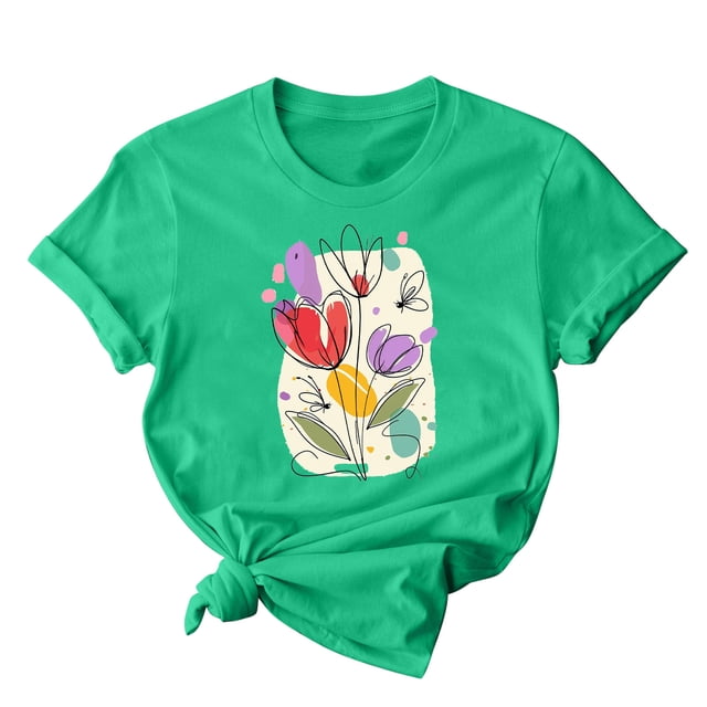 RKSTN Hauts d'Été pour Femmes Décontractés Coupe Ample Polyvalents T-Shirts Graphiques Mode à Imprimé Floral Respirants Manches Courtes Col Rond T-shirt Blouses, Cadeaux de la Fête des Mères