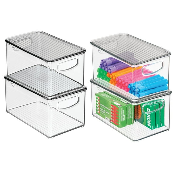 mDesign Plastic Office Storage Bin Box with Lid and Handles, 4 Pack, Clear/Gray