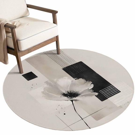 Modern Art Washable Round Area Rug 7 ft, Abstract Blooming Black Flower Beige Geometric Soft Non‑Slip Rugs Stain Repellent Indoor Mats for Large Living Room, Dining‑Room, Open‑Plan Space