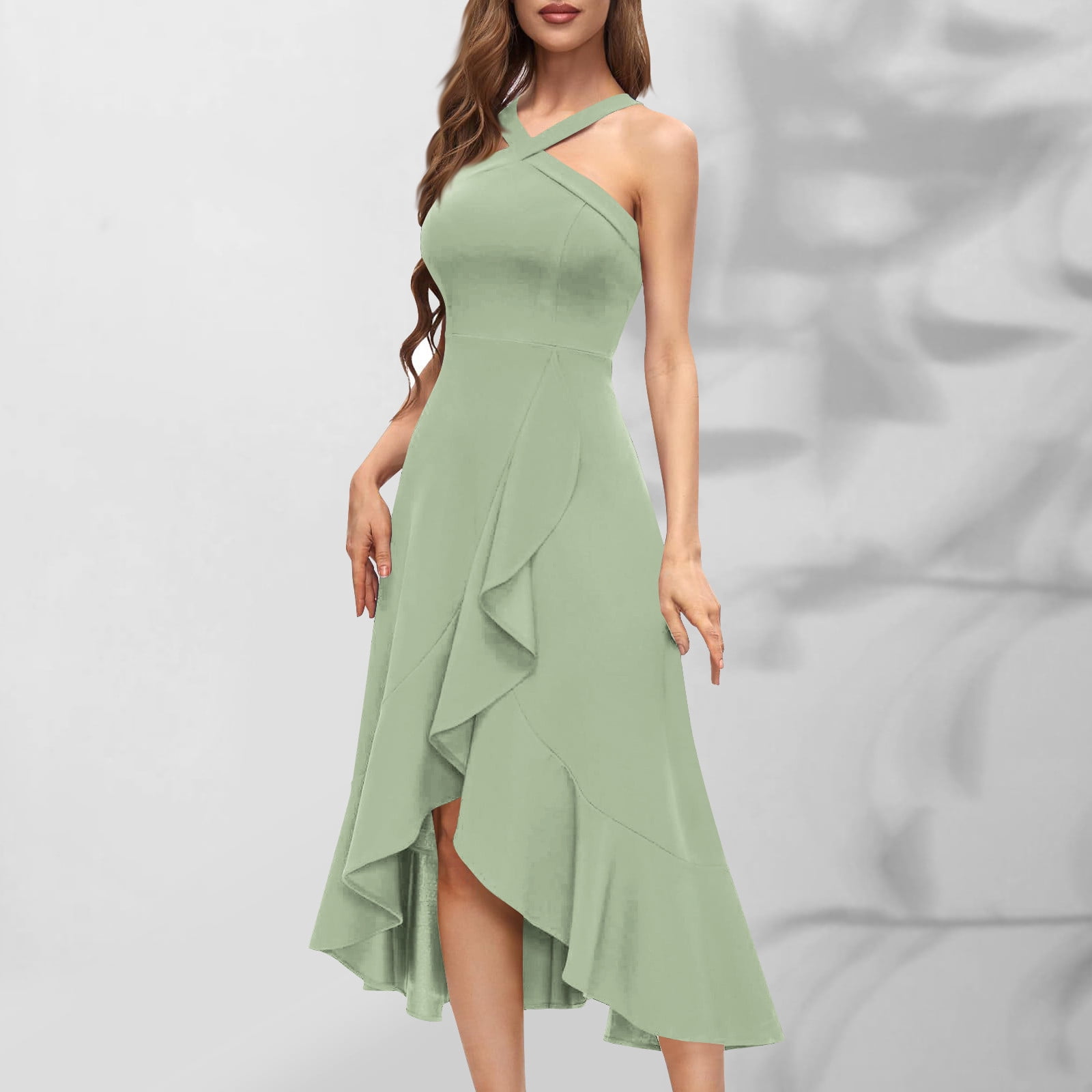 Oplxuo Halter Cocktail Women Dresses Prom Formal Wedding Bridesmaid Dress Ruffled Maxi Hi-Lo Evening Party 2025 Dress
