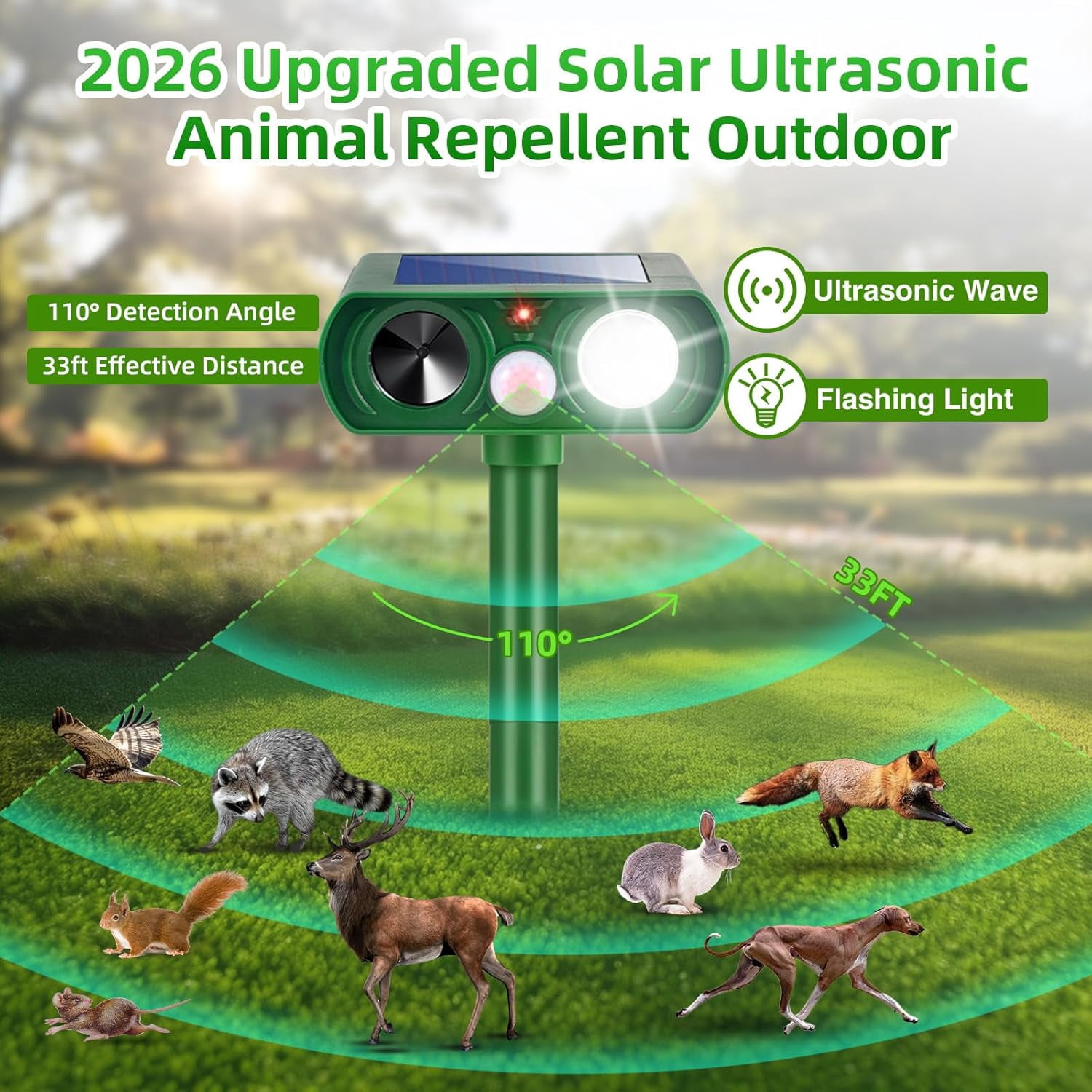 4 Pack Outdoor Solar Ultrasonic Animal Repellent with Motion Sensor Strobe Light for Skunk Raccoon Rabbit Dog Squirrel Fortress Pro for Yard Garden Lawn