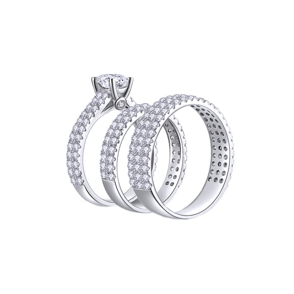 AFFY White Cubic Zirconia Engagement & Wedding Fashion Trio Ring Set In 14k White Gold