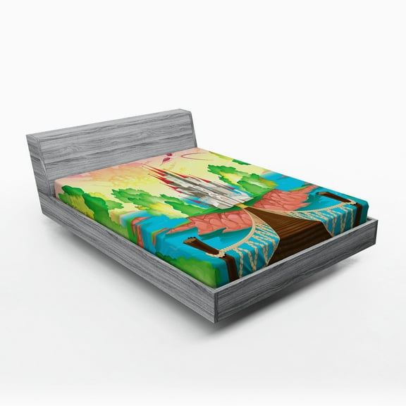 Ambesonne Cartoon Fitted Sheet, Wooden Bridge and Bird, Full Size, Multicolor
