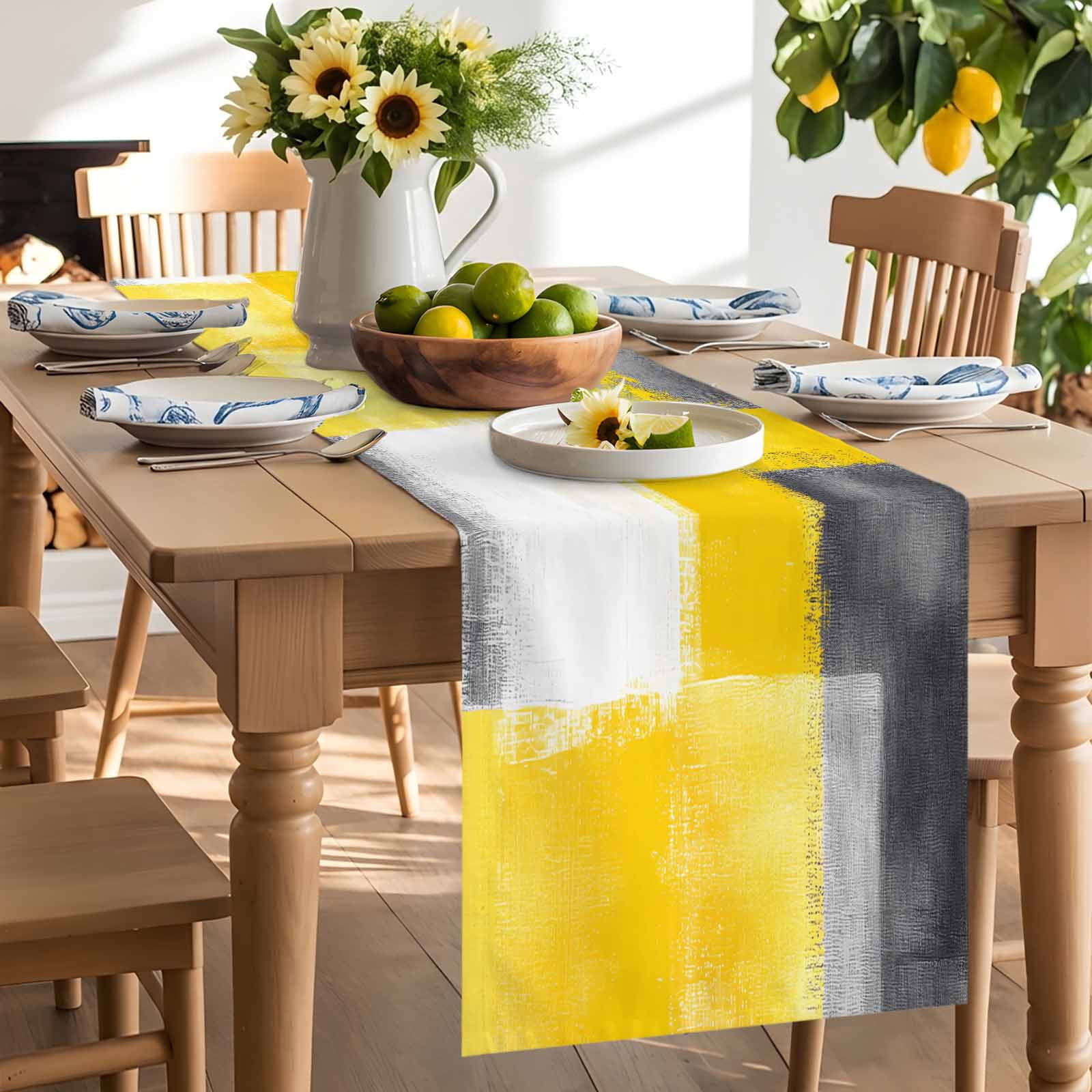 Kitchen Table Runner 90 Inches Long, Vintage Yellow Black White Grey Cotton Linen Table Runners for Dining Tables Home Holiday Party Wedding, Abstract Texture Tabletop Scarf