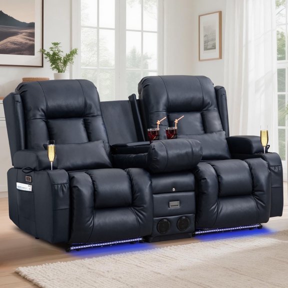 Power Recliner Loveseat with Massage, Heat, Power Headrests, LED Lights, Bluetooth, USB Chargers & Cup Holders in Blue Faux Leather for Home Theater