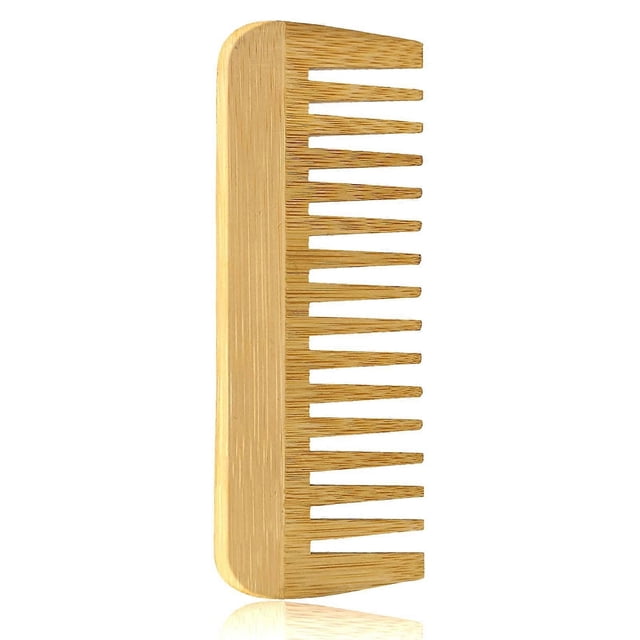 Peine de bambú de dientes anchos para desenredar el cabello rizado, tamaño viaje, seguro para cabello mojado con agarre suave.
